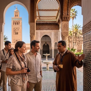 Marrakech monuments tour with official local guide — Koutoubia mosque Bahia Palace and Saadian Tombs private group Morocco
