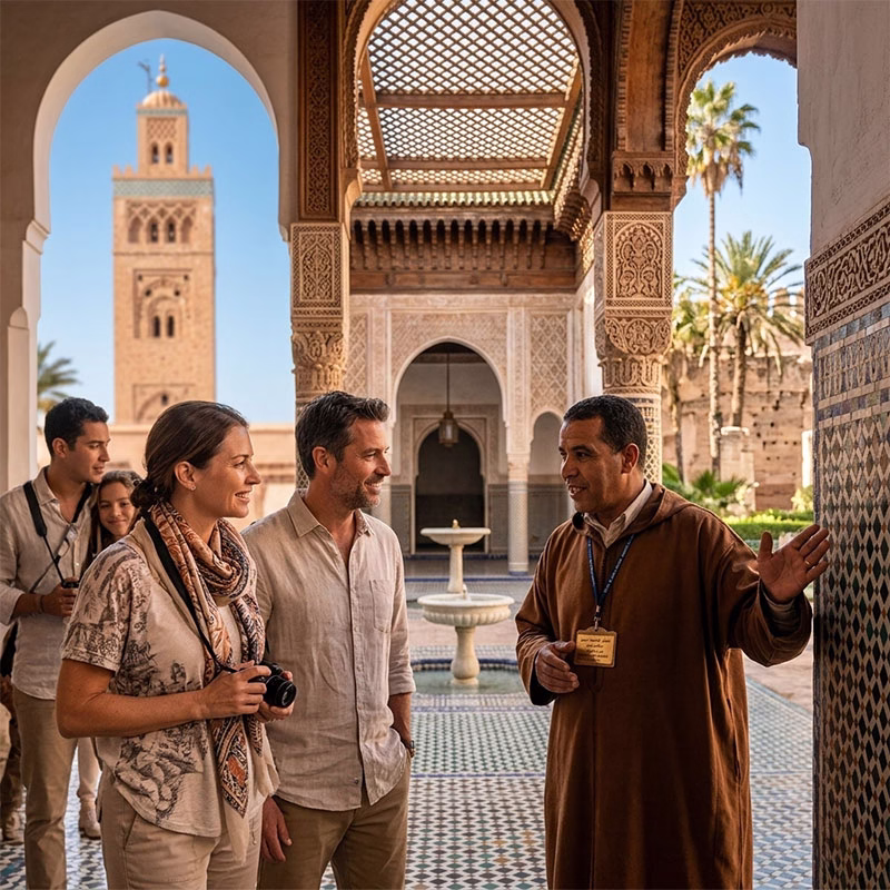 Marrakech Monuments Tour — Koutoubia, Bahia Palace & Saadian Tombs Marrakech monuments tour with official local guide — Koutoubia mosque Bahia Palace and Saadian Tombs private group Morocco