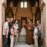 Official licensed local guide with private group at Marrakech monument — Koutoubia Bahia Palace Saadian Tombs tour Morocco