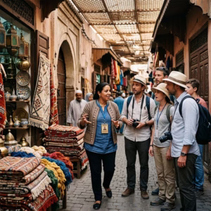 Official licensed local guide leading private group through Marrakech souks medina — authentic shopping tour Morocco