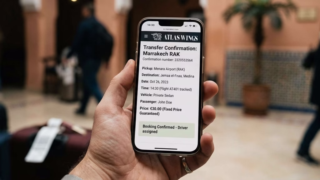 Smartphone showing online booking confirmation for Marrakech airport transfer with fixed price