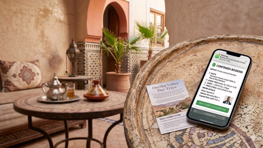 Smartphone showing private driver booking confirmation for Marrakech with fixed price and driver details