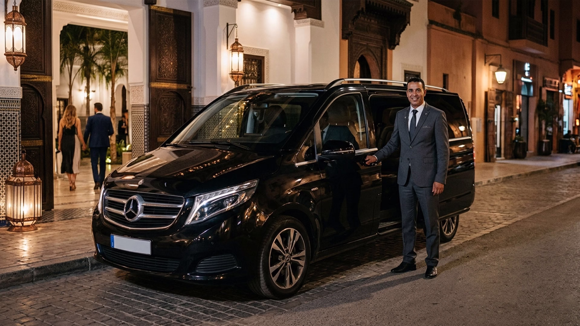 Professional private chauffeur standing beside a luxury van in Marrakech at night ready for evening service
