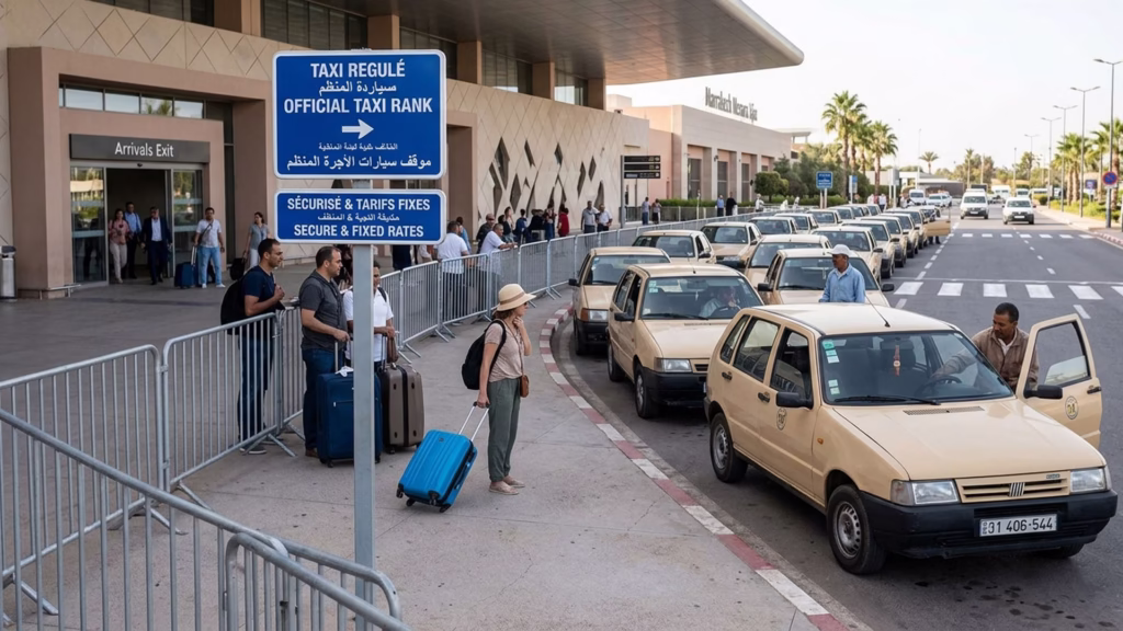 Official taxi rank signage outside Marrakech Menara Airport arrivals exit showing regulated petit taxi queue