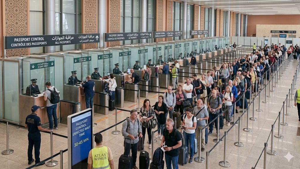 Passengers queuing at passport control inside Marrakech Menara Airport arrivals hall