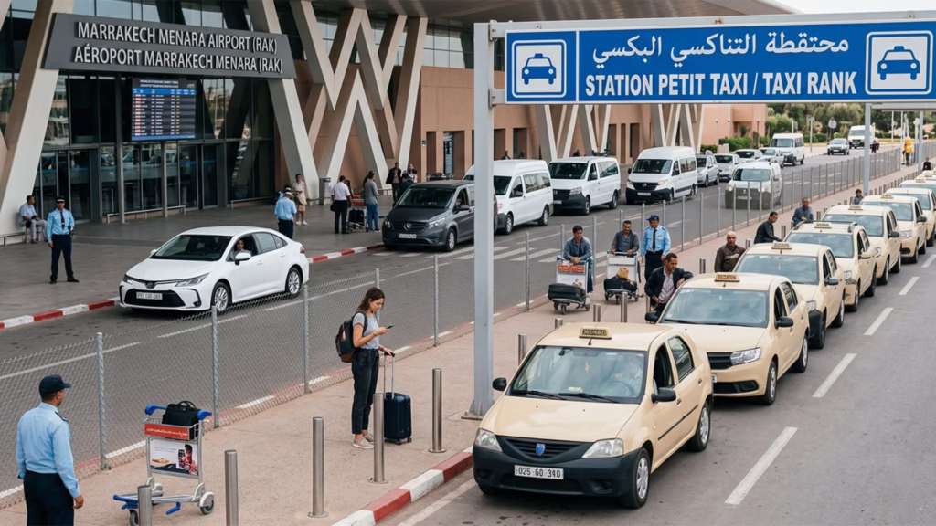 Marrakech airport taxi rank showing petit taxi drivers and the contested pickup zone where Uber confrontations occur