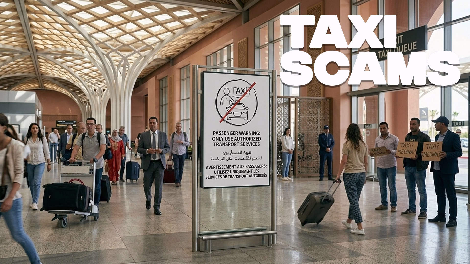 Warning sign at Marrakech airport arrivals about unlicensed taxi drivers and transport fraud