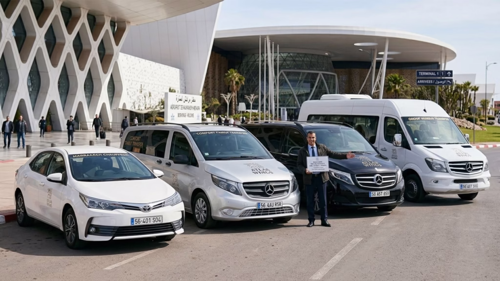 Fleet of licensed private transfer vehicles at Marrakech airport including economy sedan comfort van and luxury van
