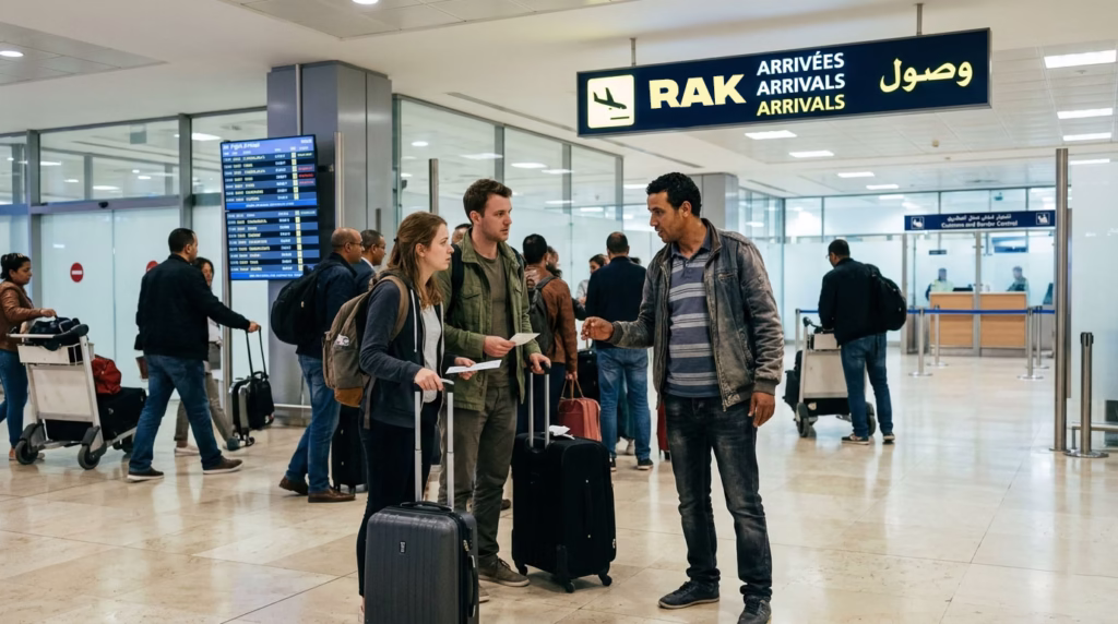 Unofficial taxi tout approaching travelers inside Marrakech airport arrivals hall — unlicensed and uninsured