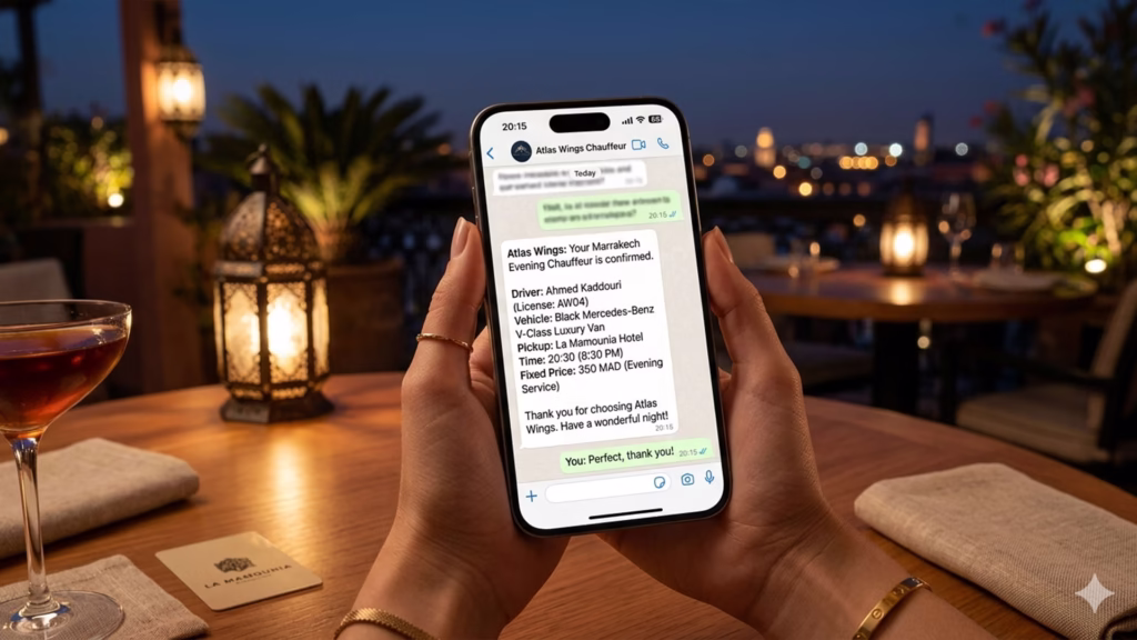 WhatsApp message confirming evening chauffeur booking in Marrakech with driver name fixed price and pickup time