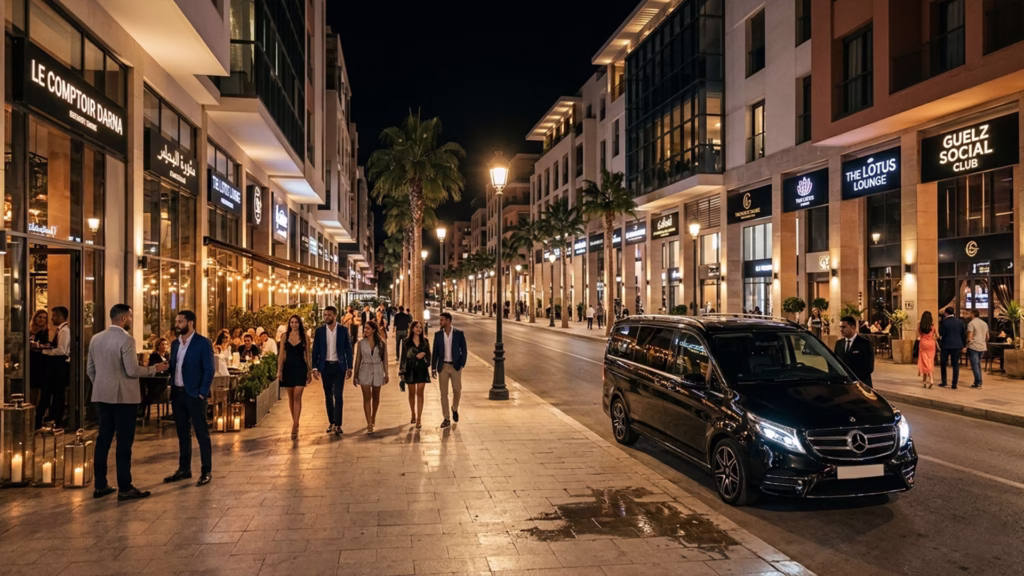 Marrakech Gueliz neighbourhood at night with illuminated restaurants and bars on a lively street