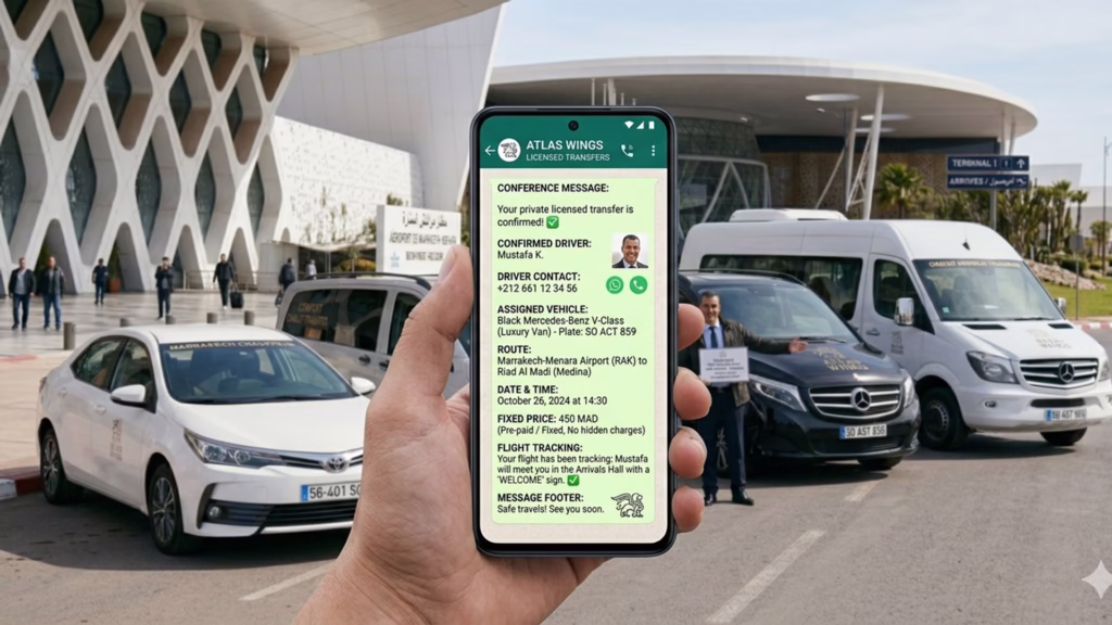 WhatsApp booking confirmation message for licensed Marrakech airport transfer with driver details and fixed price