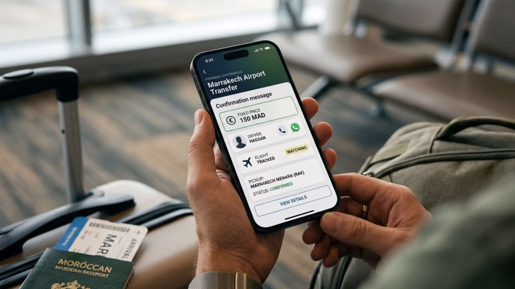 Licensed Marrakech airport transfer booking confirmation showing fixed price driver name and flight tracking