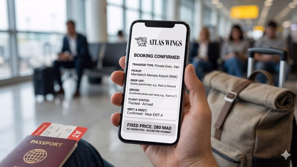 Licensed Marrakech airport transfer booking confirmation as the safe alternative to Uber with fixed price and driver details