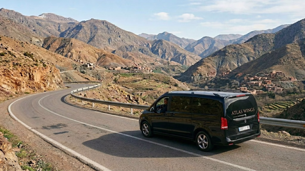 Private vehicle driving through Atlas Mountains on a day trip from Marrakech with scenic mountain road