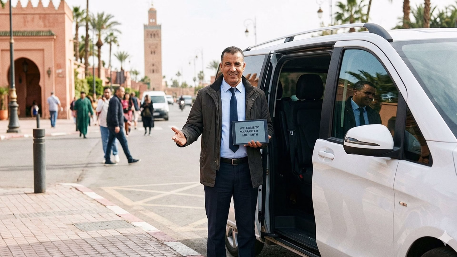 Professional private driver standing next to a clean private vehicle in Marrakech ready to welcome passengers