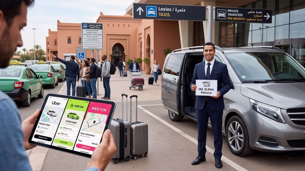 Comparison of Uber InDrive and Heetch apps versus licensed pre-booked transfer service in Marrakech