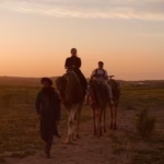 Camel ride in Agafay Desert with rocky dunes near Marrakech Morocco at sunset