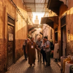 Marrakech medina at golden hour — atmospheric alleyways at sunset during authentic evening food tour with local guide
